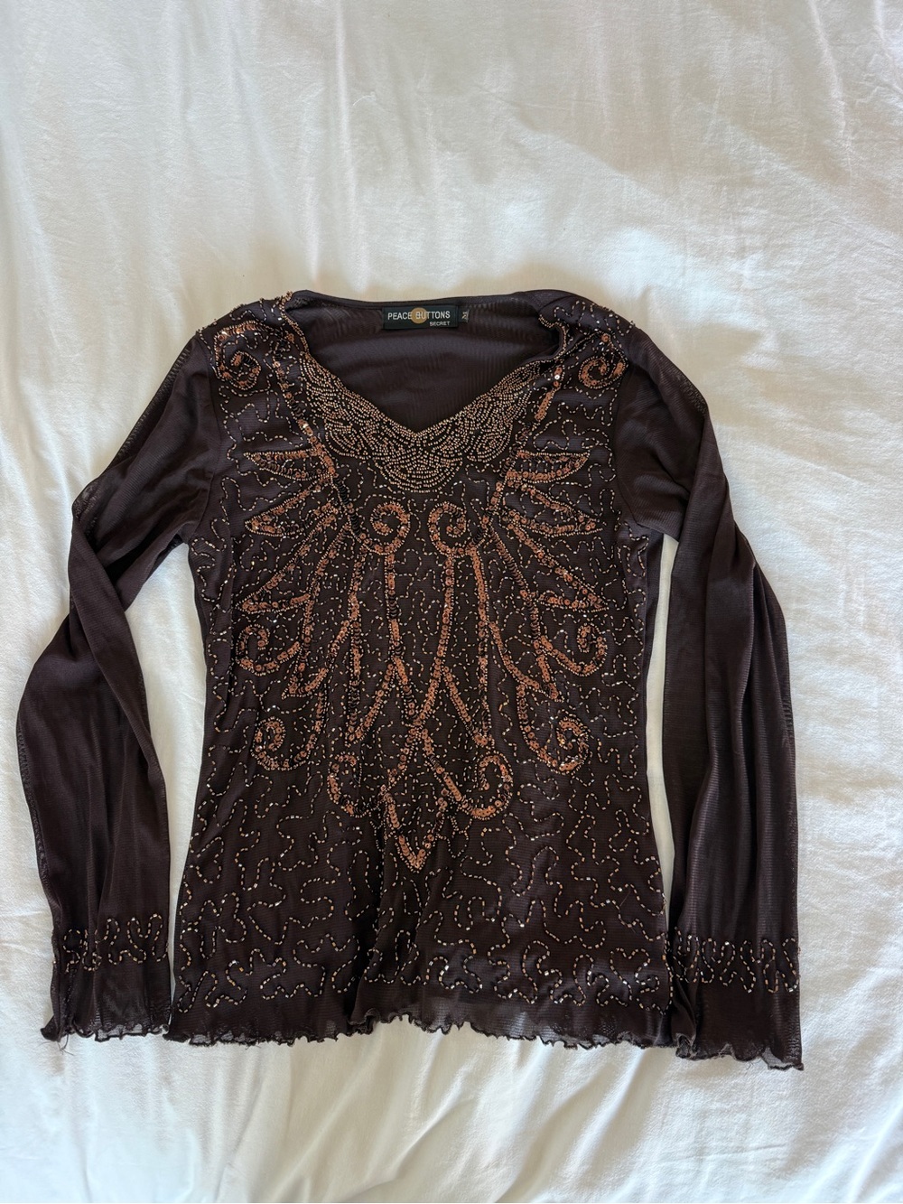 Vintage Y2K Brown Beaded Long-Sleeve V-Neck Top
